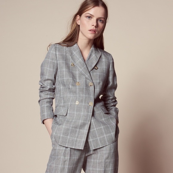 Sandro Paris Iveline Oversized Blazer Jacket in Grey Linen Check $584 Size 38